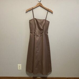 Michaelangelo Satin Brown Latte Belted Midi Dress, Size 2, Tea length, formal